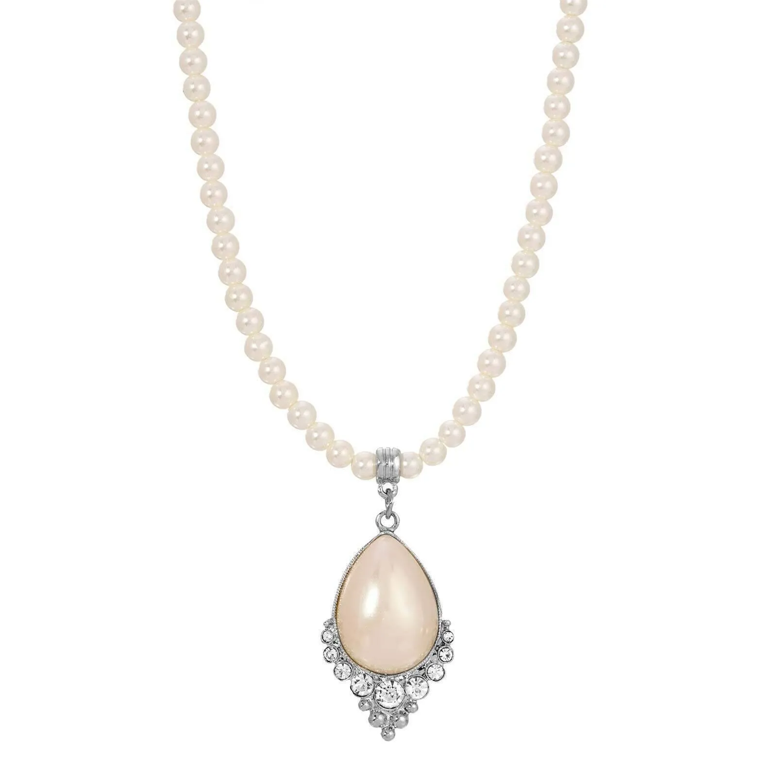 1928 Jewelry Teardrop Faux Pearl Crystal Accent 4mm Pearl Strand Pendant Necklace 16"