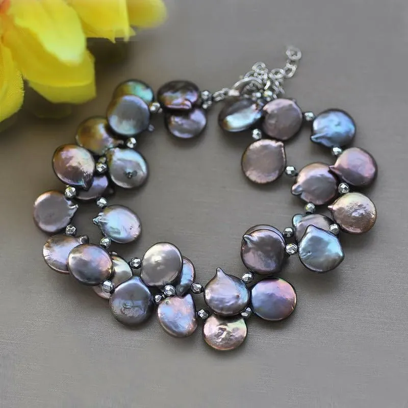 2 Strand High Luster Black Coin Pearl Bracelets 8-10in