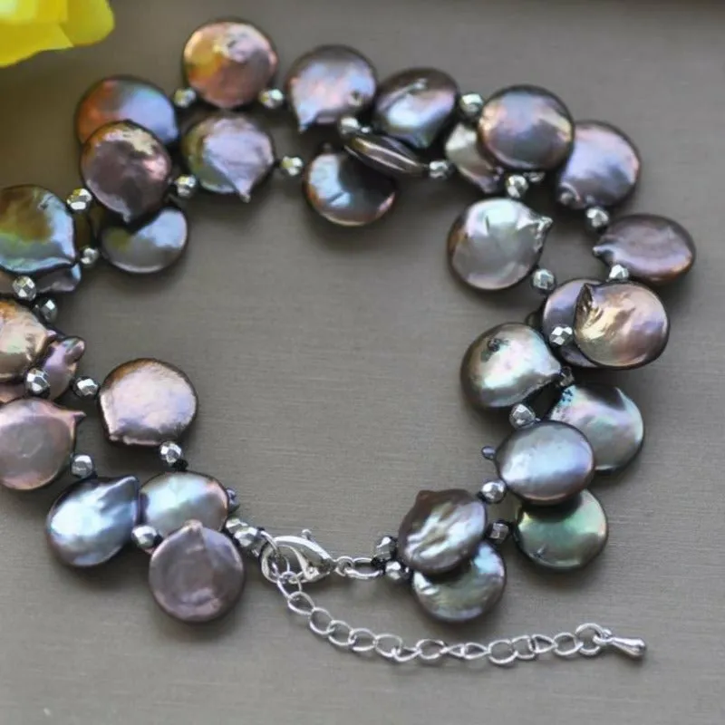 2 Strand High Luster Black Coin Pearl Bracelets 8-10in