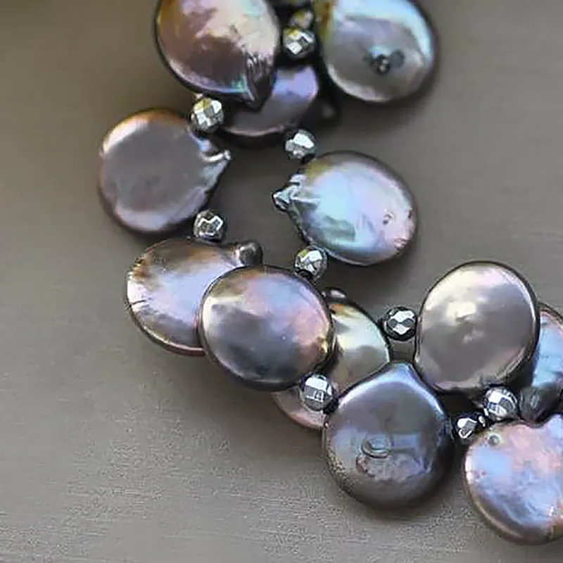2 Strand High Luster Black Coin Pearl Bracelets 8-10in