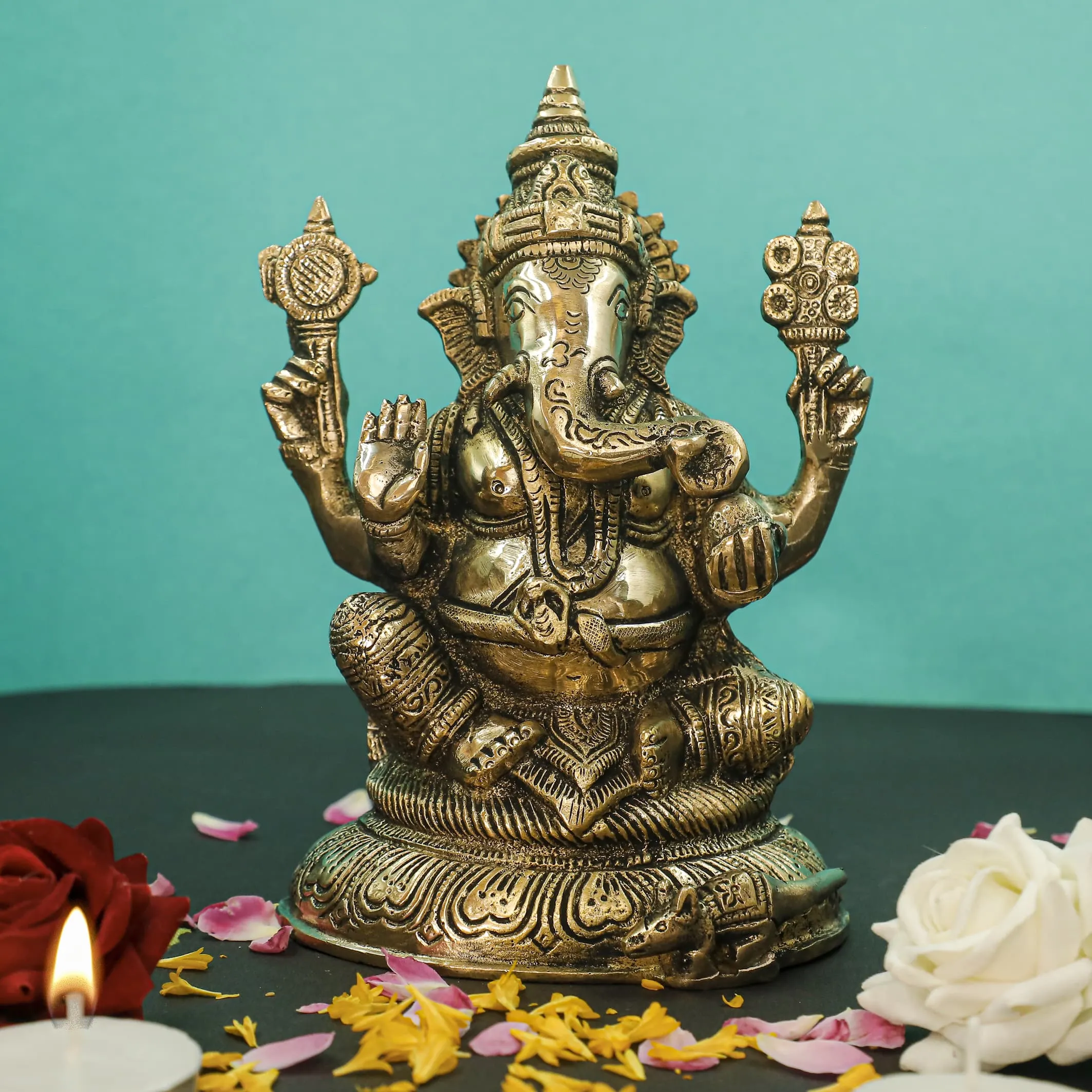 8 Inches Lakshmi Ganesh Saraswati Brass Idol  - Decorative Home Decor