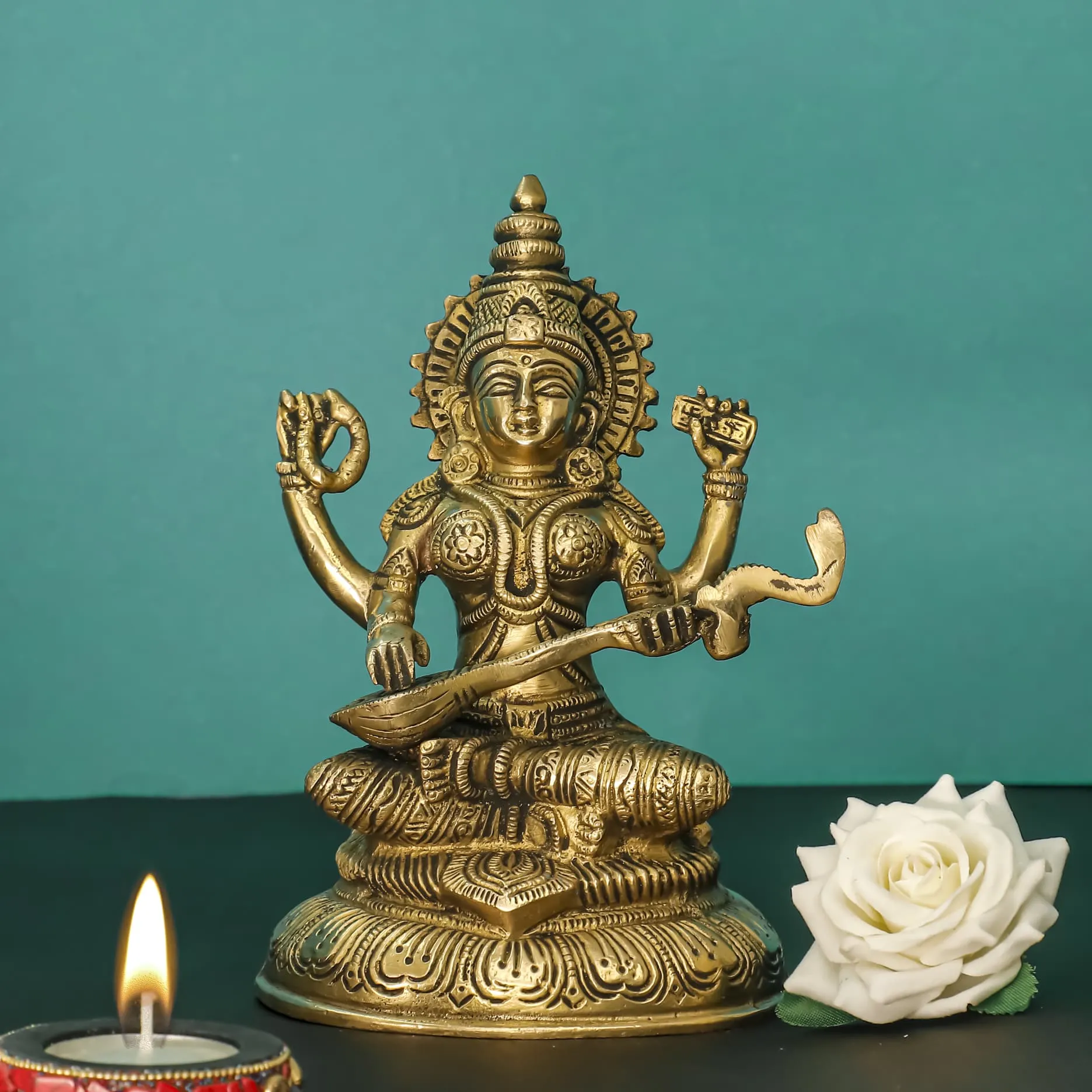 8 Inches Lakshmi Ganesh Saraswati Brass Idol  - Decorative Home Decor