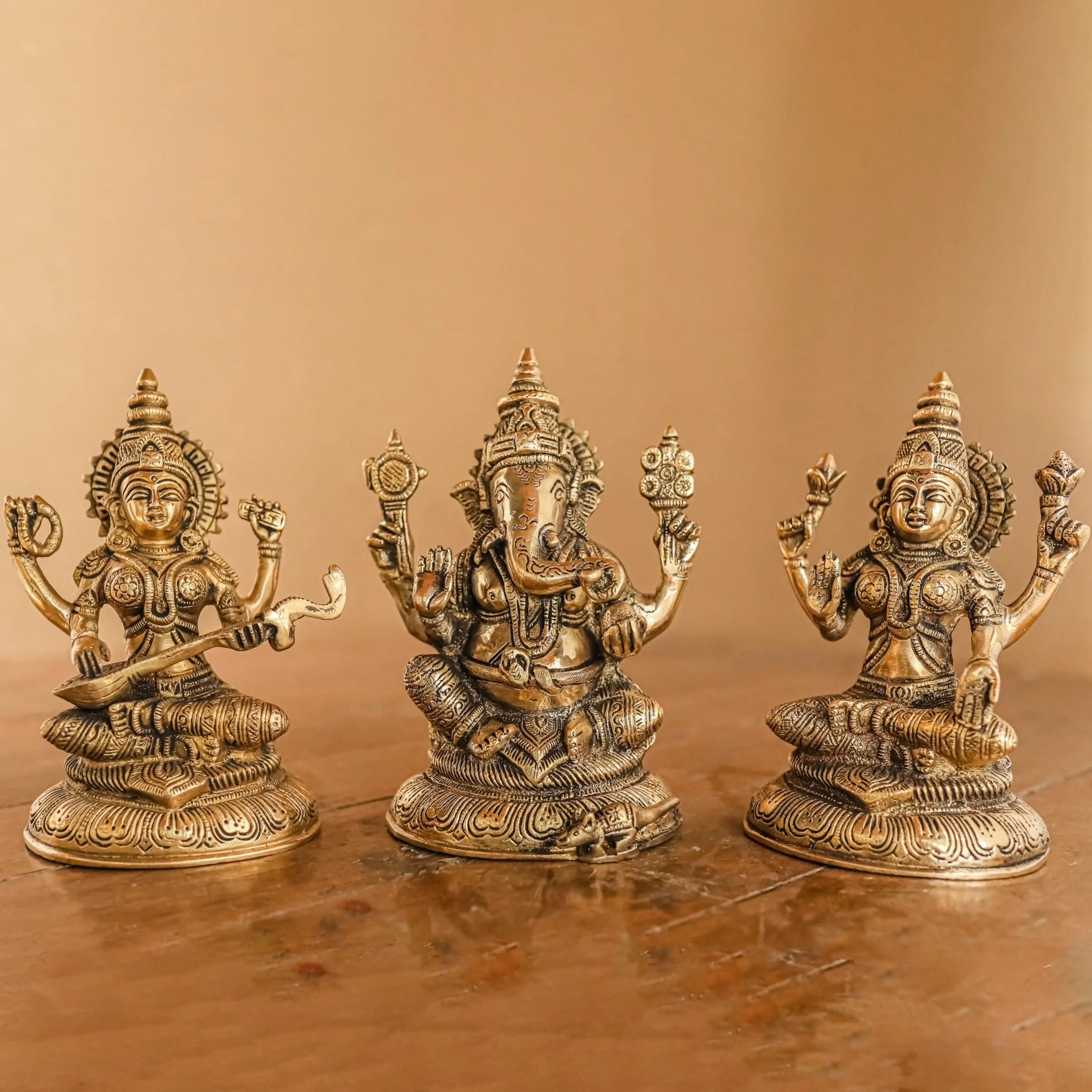 8 Inches Lakshmi Ganesh Saraswati Brass Idol  - Decorative Home Decor