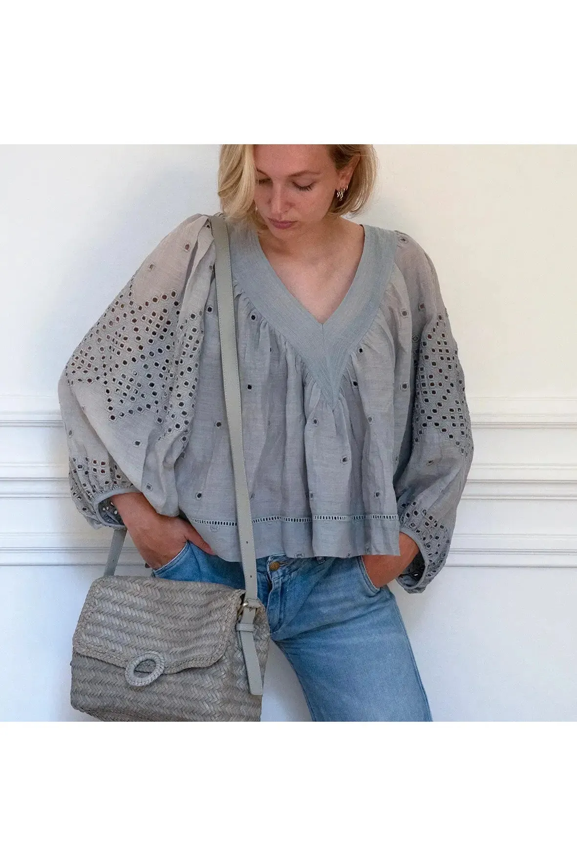Allan K Polly DJ Toledo Leather Woven Crossbody Bag | Dolphin (Gray) | Clearance Final Sale