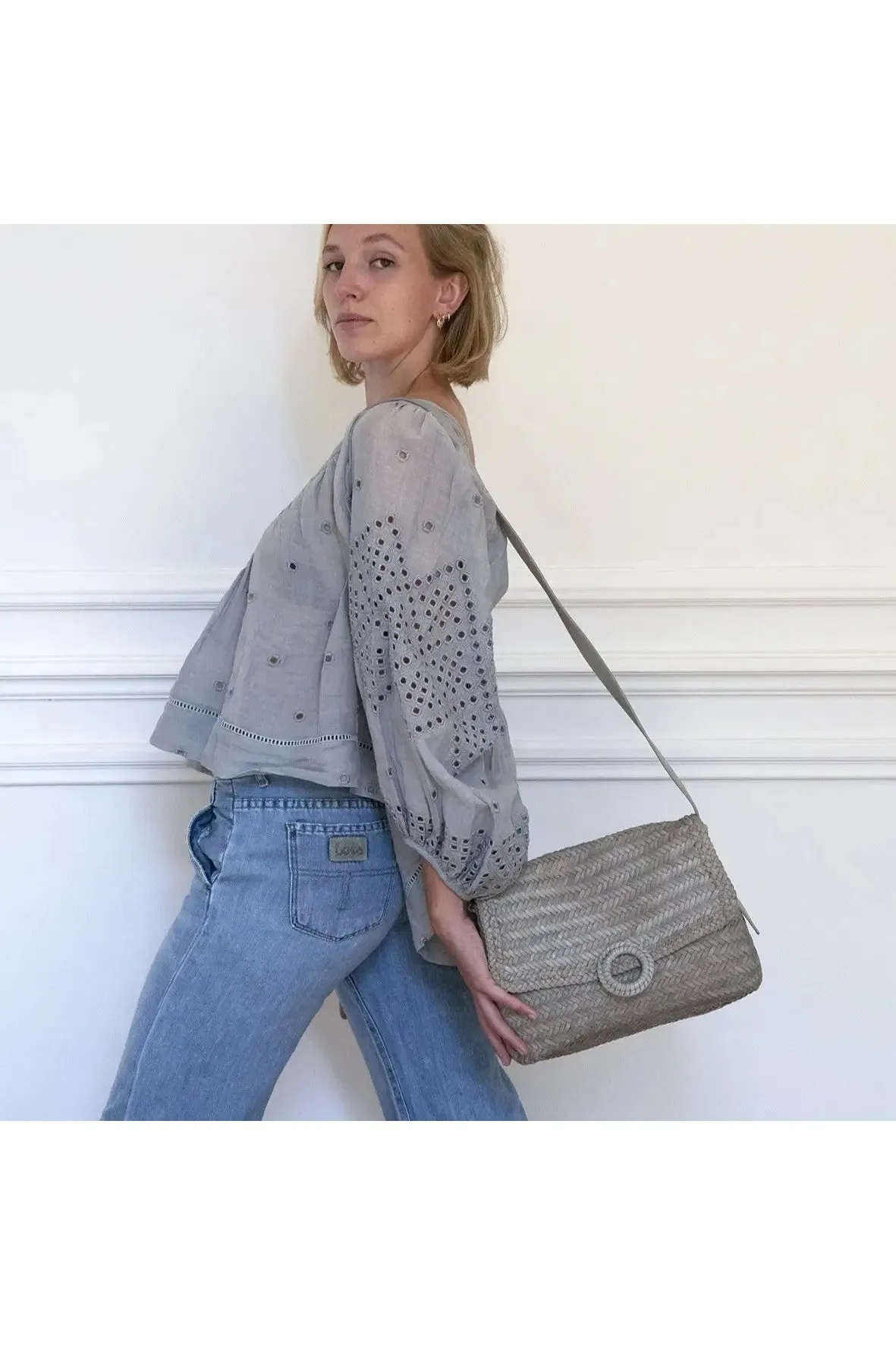 Allan K Polly DJ Toledo Leather Woven Crossbody Bag | Dolphin (Gray) | Clearance Final Sale