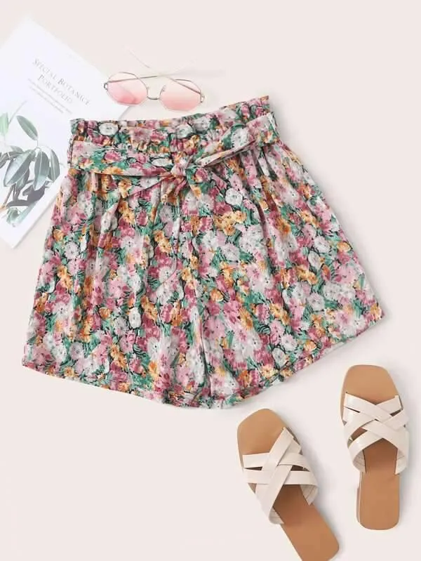Allover Floral Print Belted Paperbag Shorts