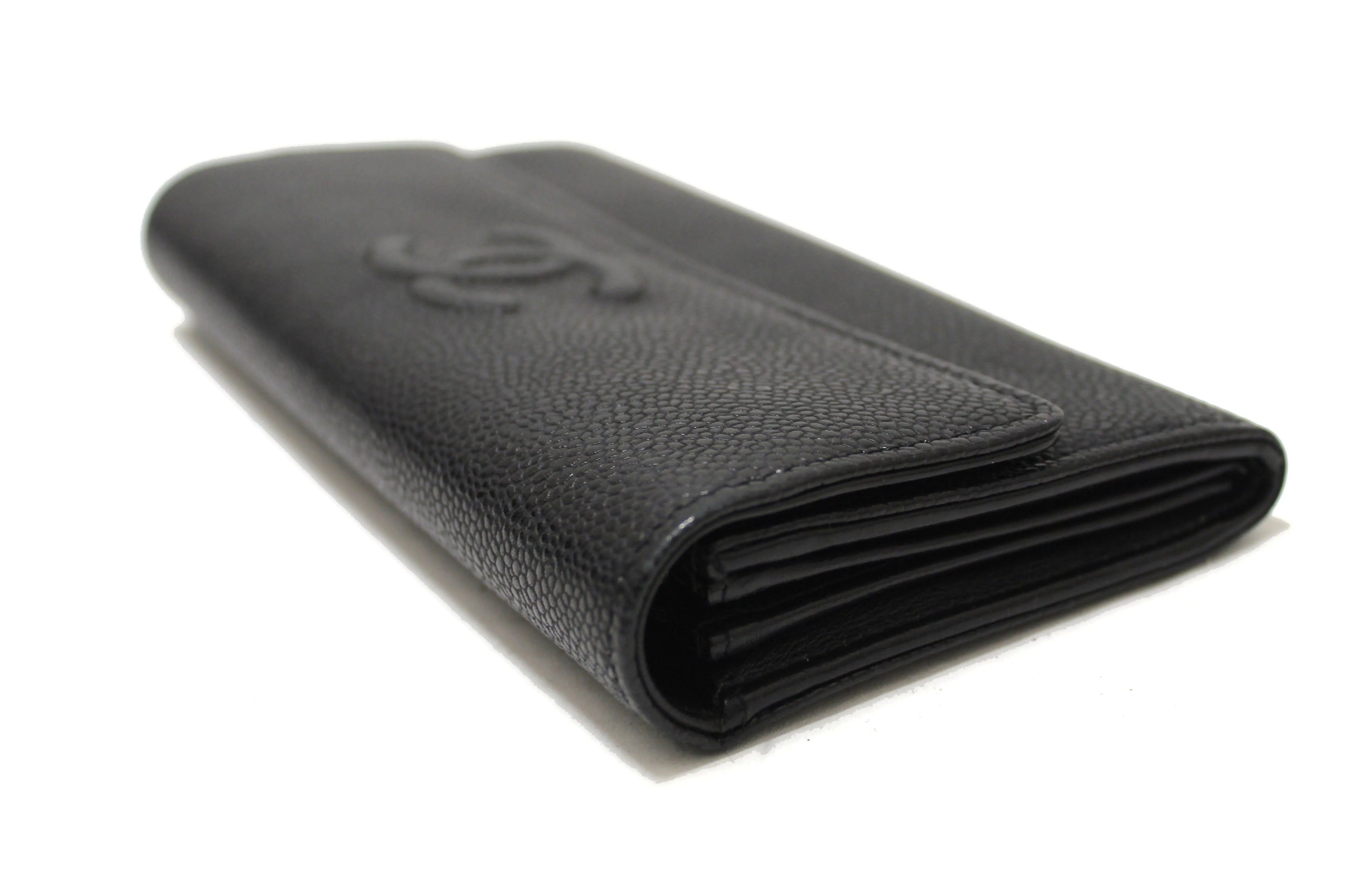 Authentic Chanel Black Caviar Leather CC Long Flap Wallet