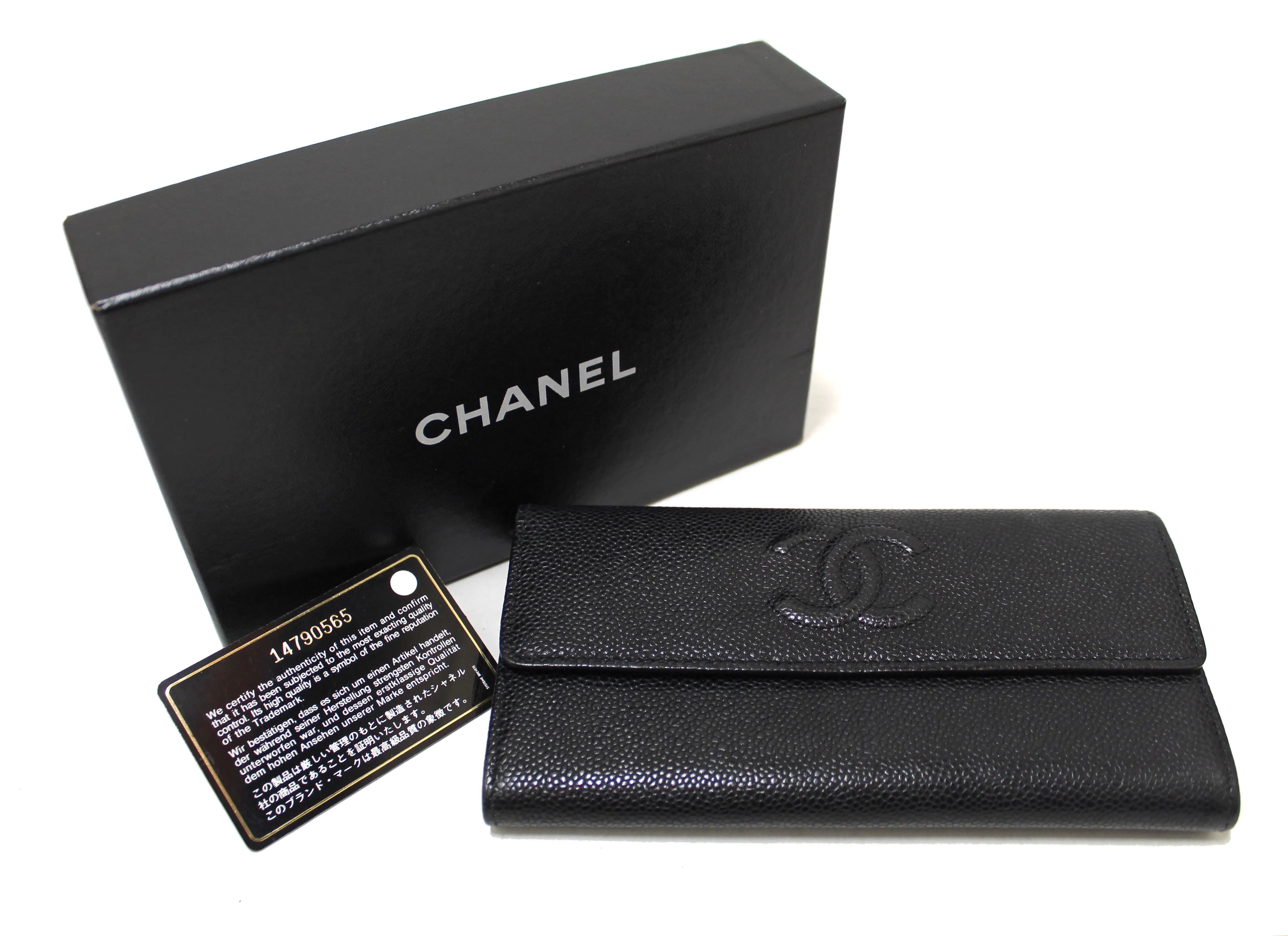 Authentic Chanel Black Caviar Leather CC Long Flap Wallet