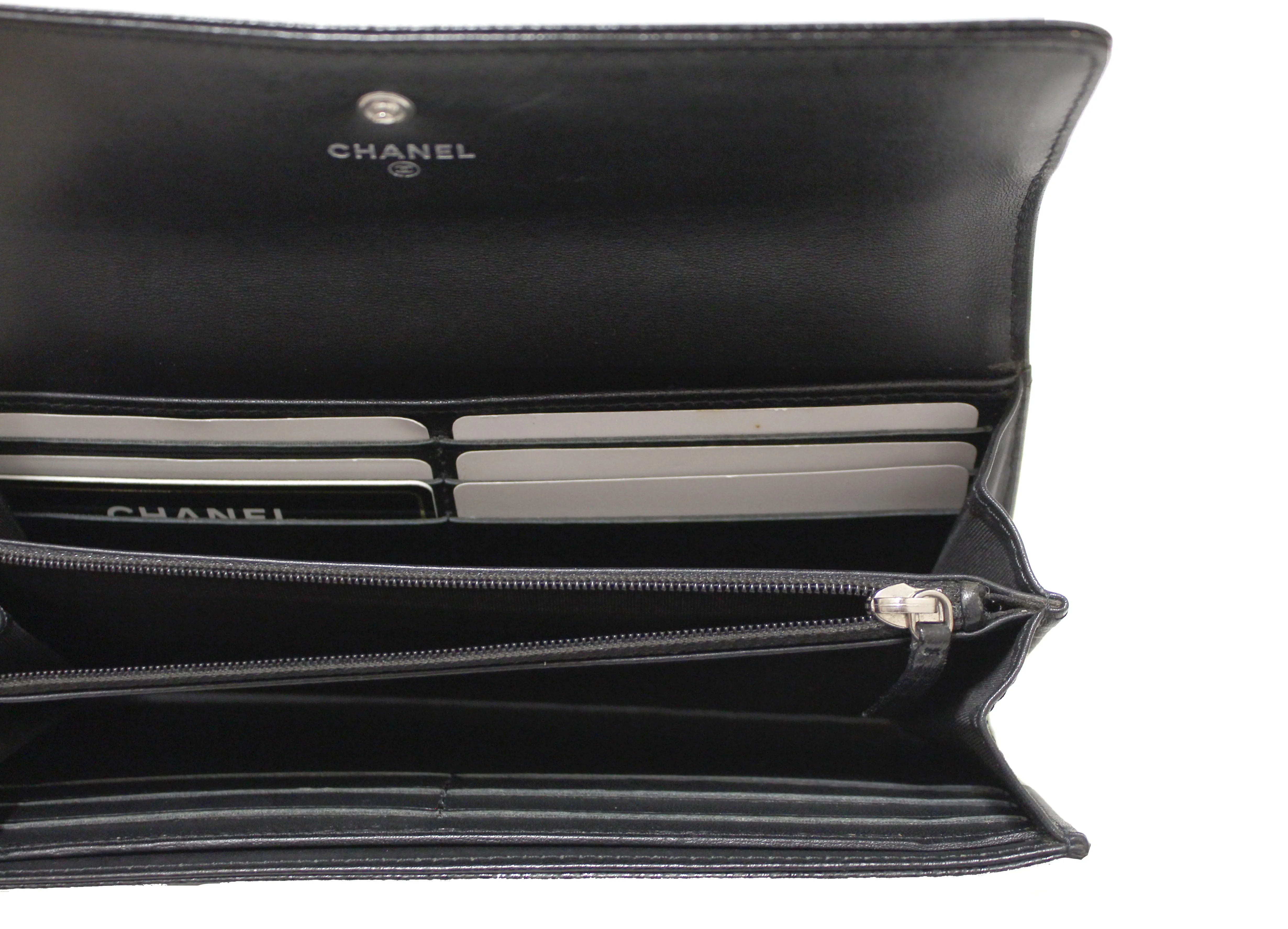 Authentic Chanel Black Caviar Leather CC Long Flap Wallet