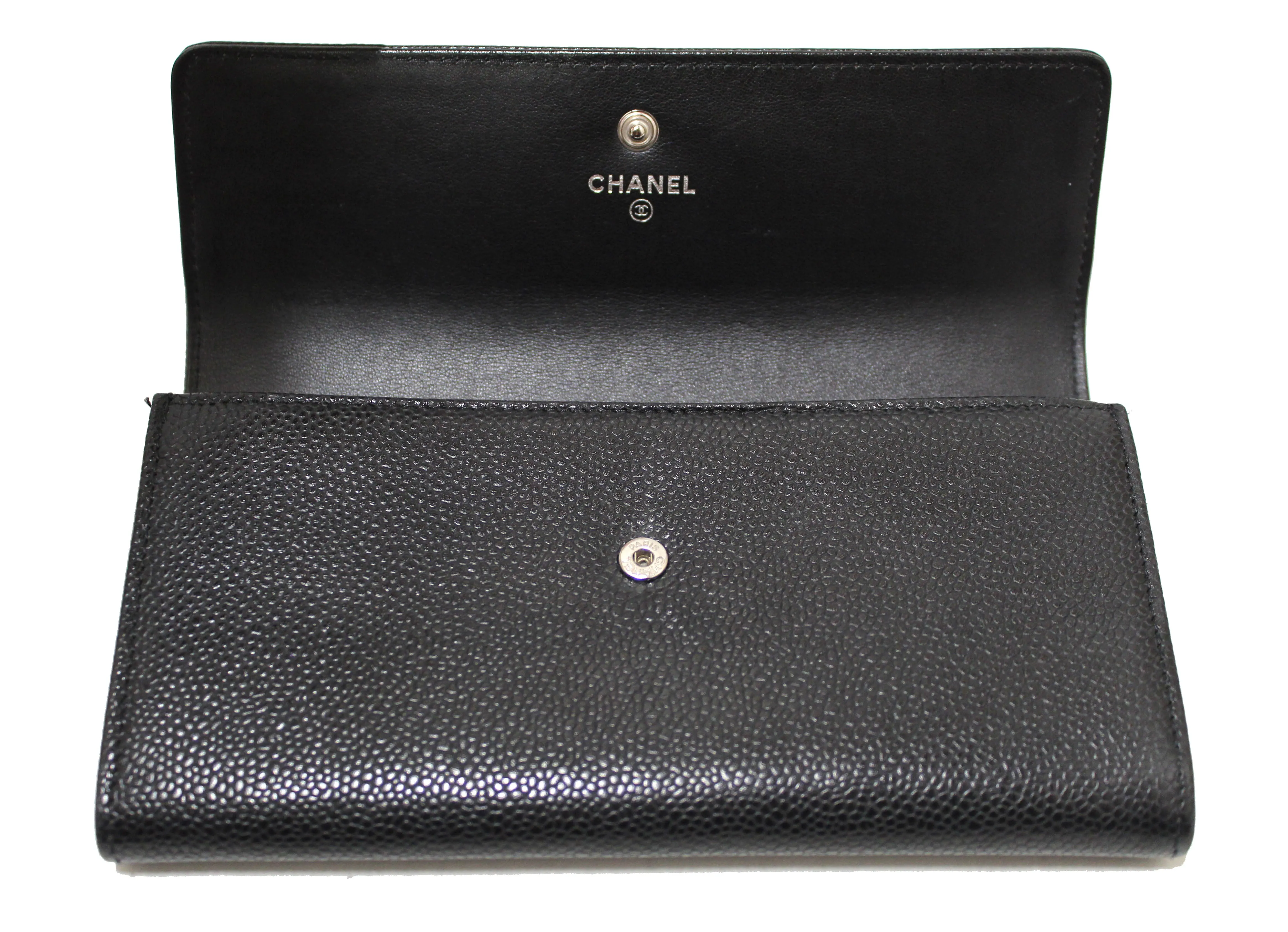 Authentic Chanel Black Caviar Leather CC Long Flap Wallet