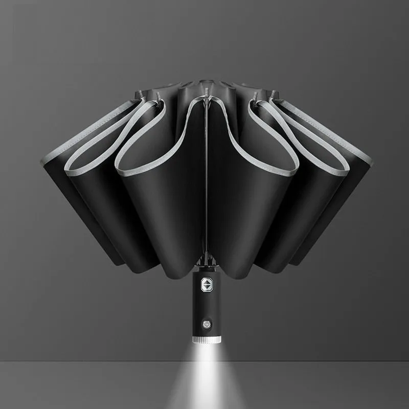 Auto Open Close Light-emitting LED Reverse Ten-bones Three-folding Umbrella