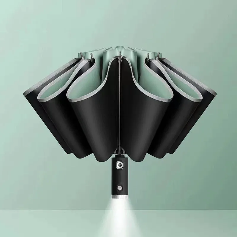 Auto Open Close Light-emitting LED Reverse Ten-bones Three-folding Umbrella