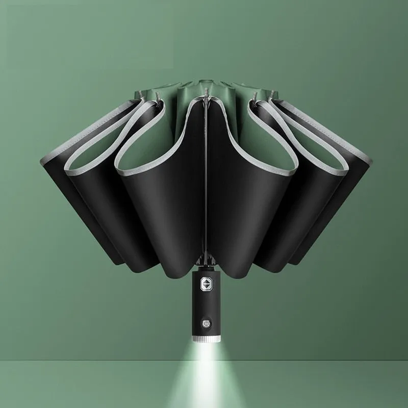 Auto Open Close Light-emitting LED Reverse Ten-bones Three-folding Umbrella