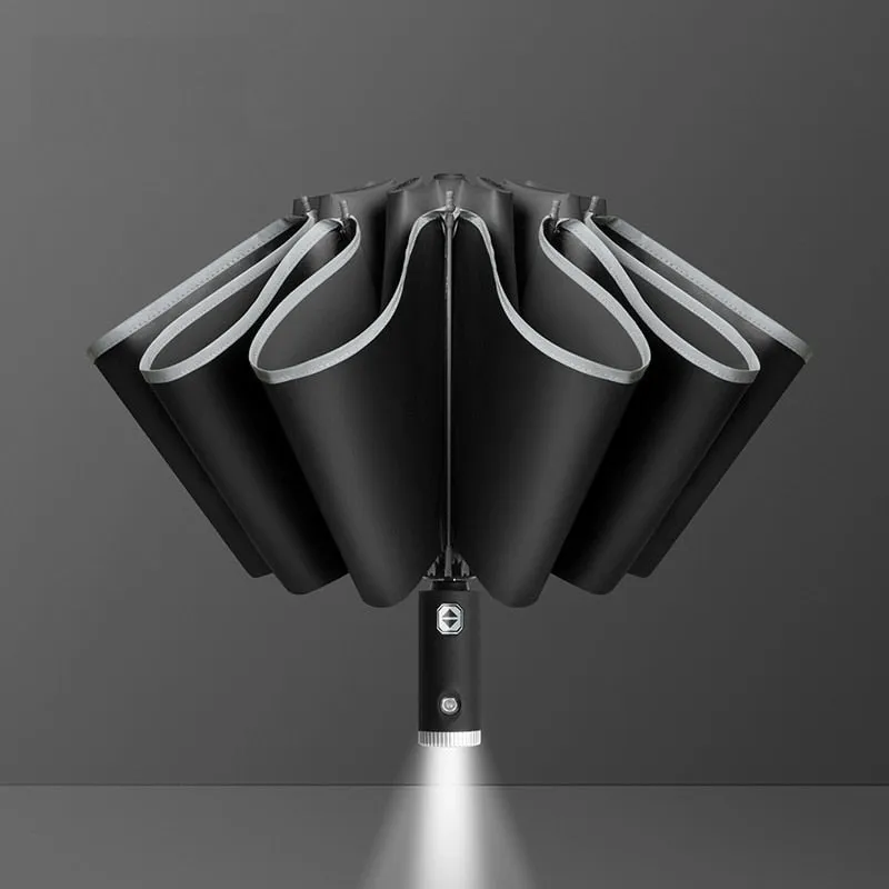 Auto Open Close Light-emitting LED Reverse Ten-bones Three-folding Umbrella