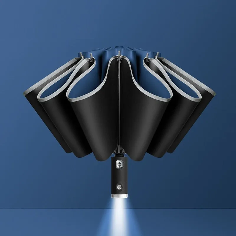 Auto Open Close Light-emitting LED Reverse Ten-bones Three-folding Umbrella
