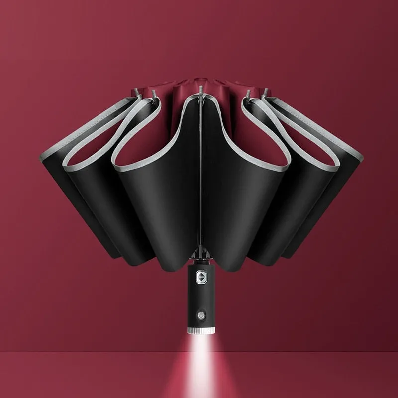 Auto Open Close Light-emitting LED Reverse Ten-bones Three-folding Umbrella