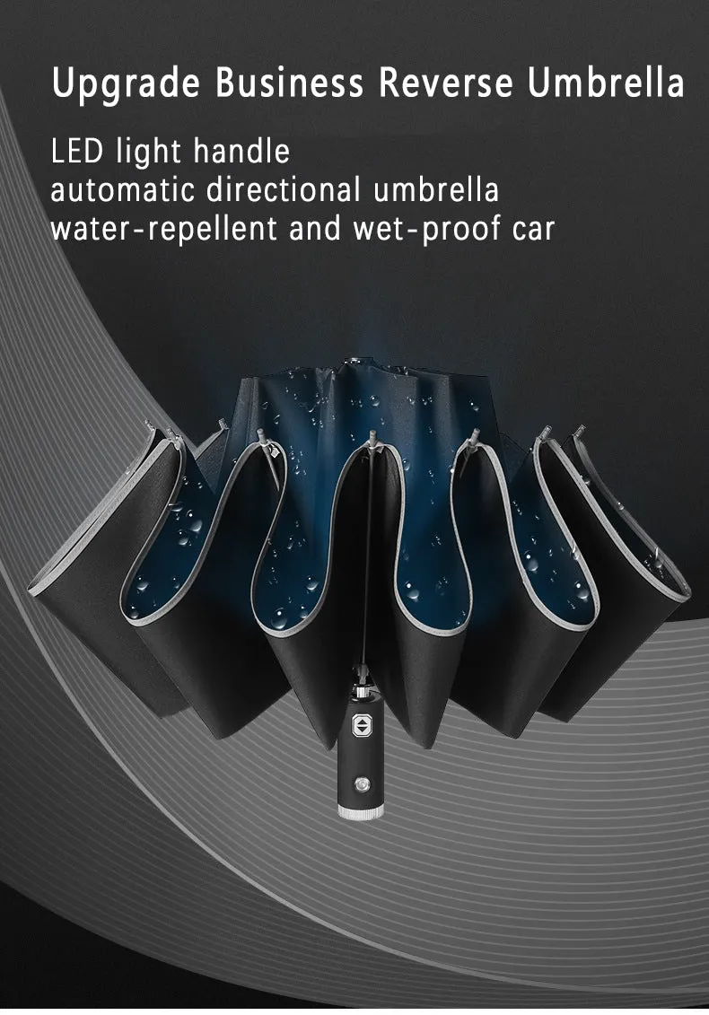 Auto Open Close Light-emitting LED Reverse Ten-bones Three-folding Umbrella