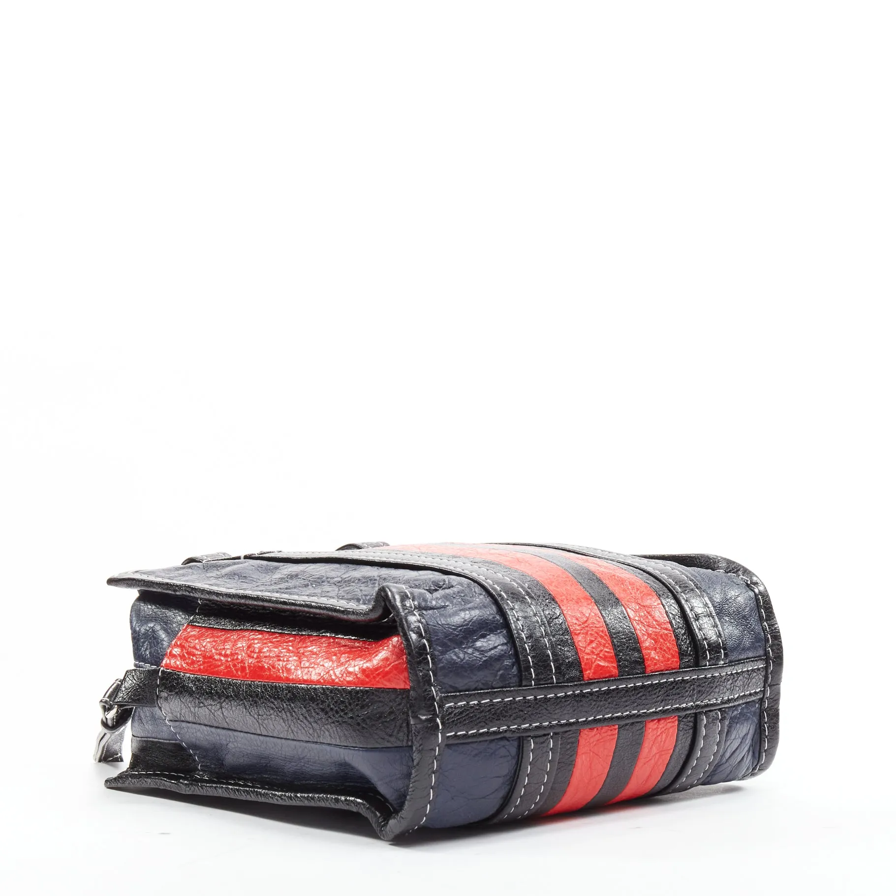 BALENCIAGA Bazar navy red striped leather top handle crossbody bag
