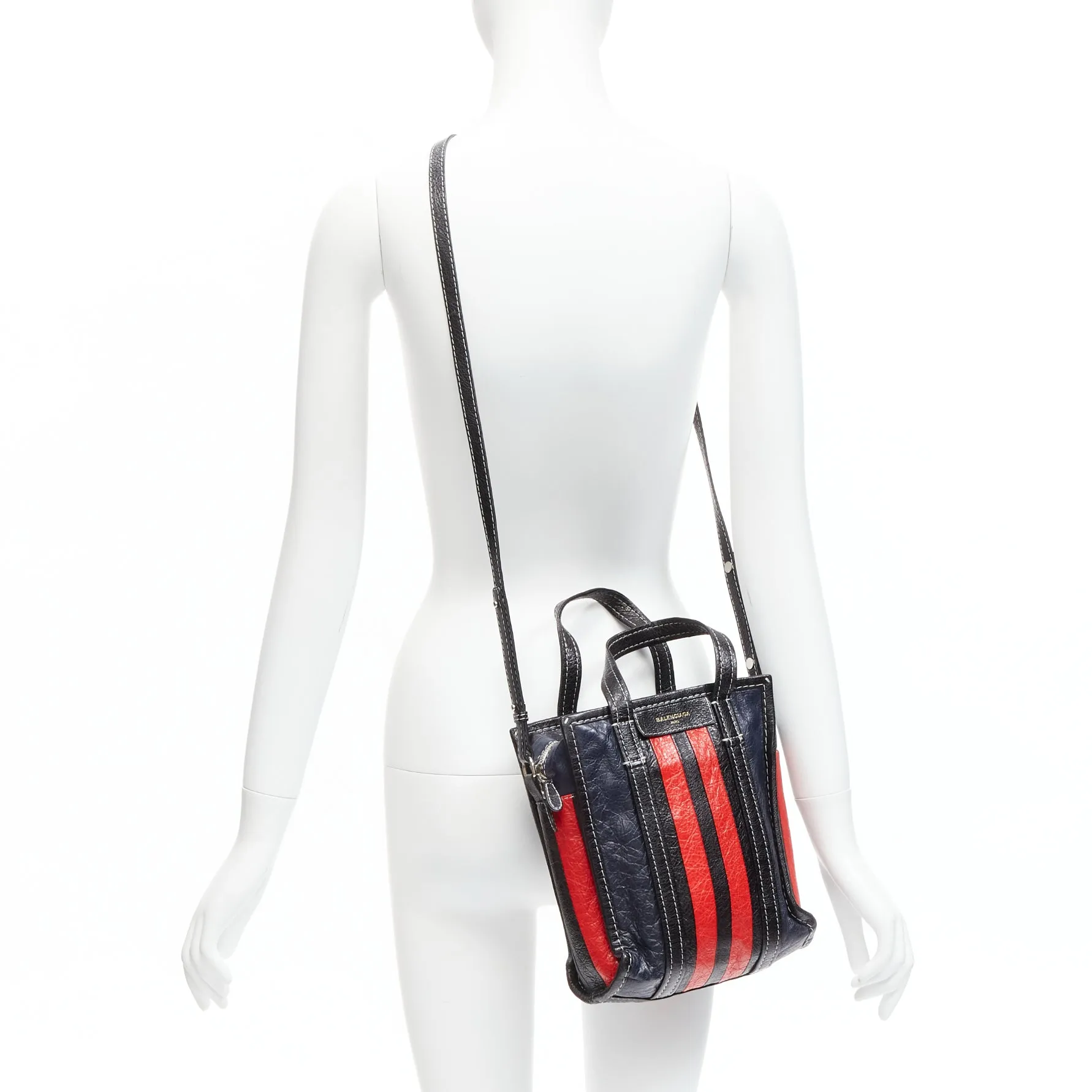 BALENCIAGA Bazar navy red striped leather top handle crossbody bag