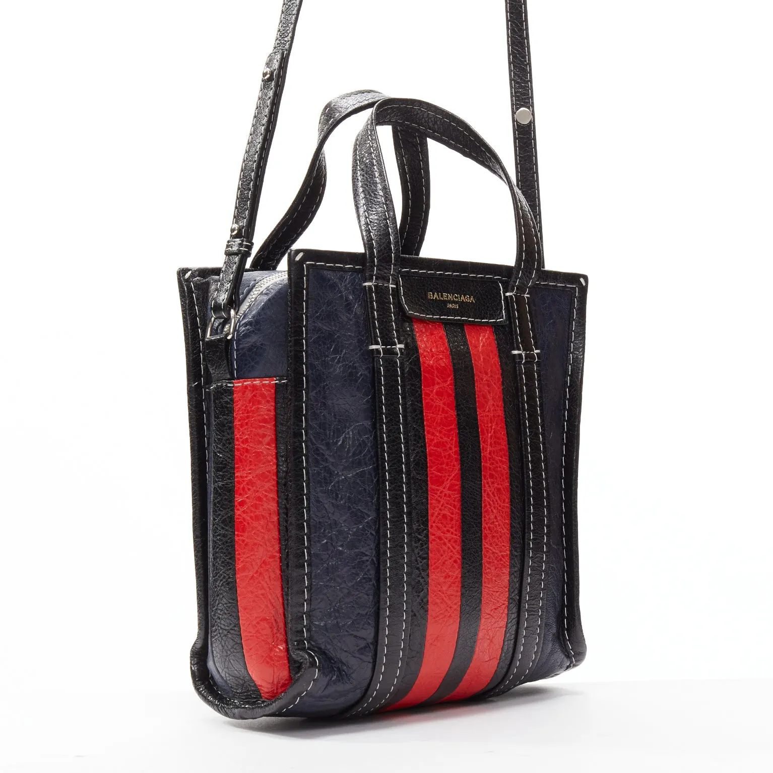 BALENCIAGA Bazar navy red striped leather top handle crossbody bag