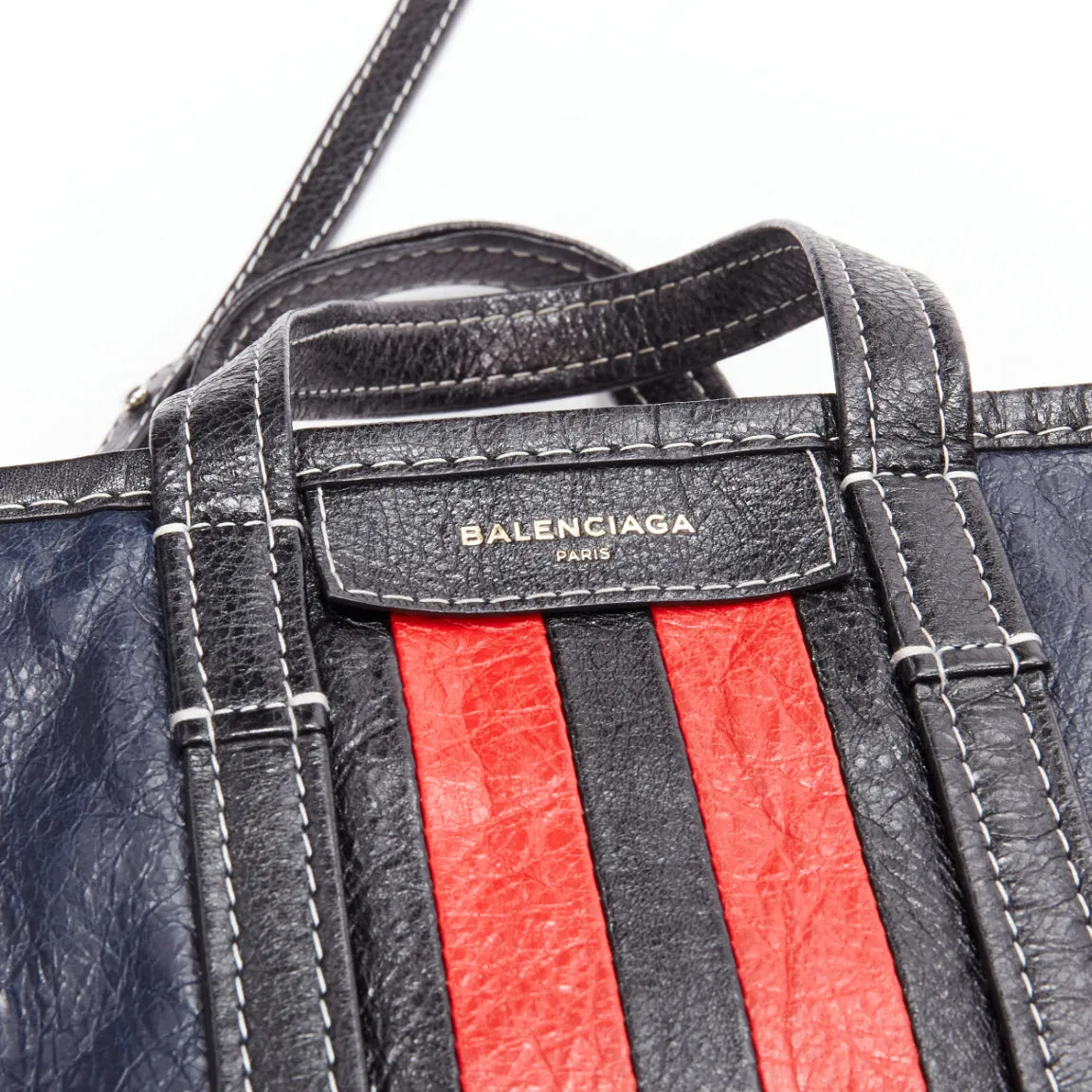 BALENCIAGA Bazar navy red striped leather top handle crossbody bag