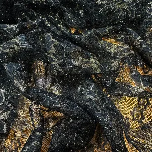 Black and Metallic Gold Floral Mesh Lace Fabric