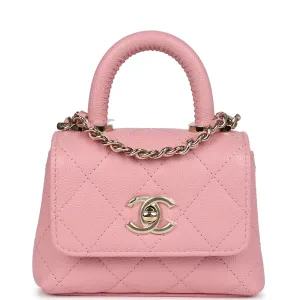 Chanel Nano Coco Top Handle Flap Bag Pink Grained Calfskin Light Gold Hardware