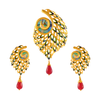 Elegant Peacock Shape 22k Gold Jewellery Set With A Red Stone