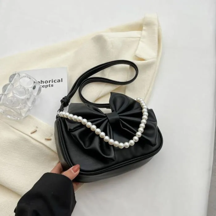 Faux Pearl Strap Bow Crossbody Bag