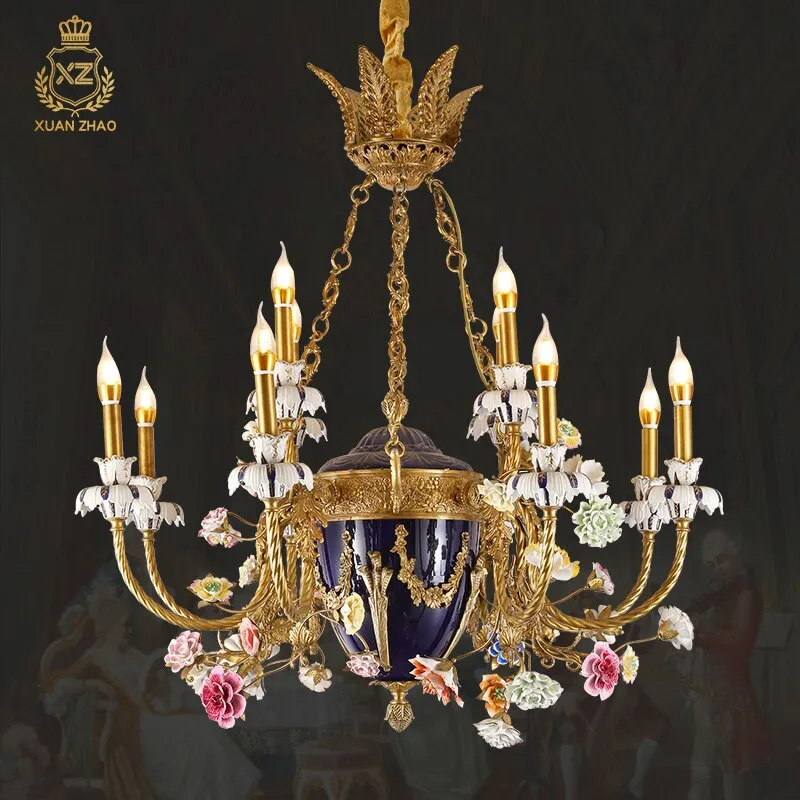 French Mid Century Large Ceramic Classic Luxury Luster Chandelier