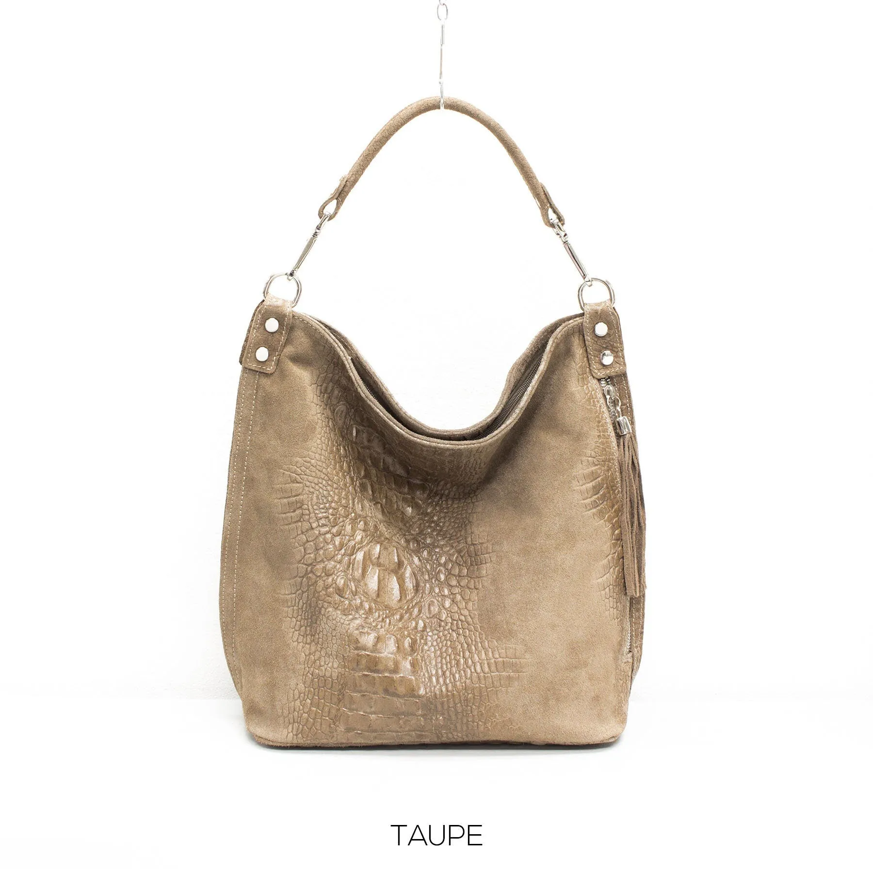 Genuine Real Suede Leather Croc Effect Hobo Bag