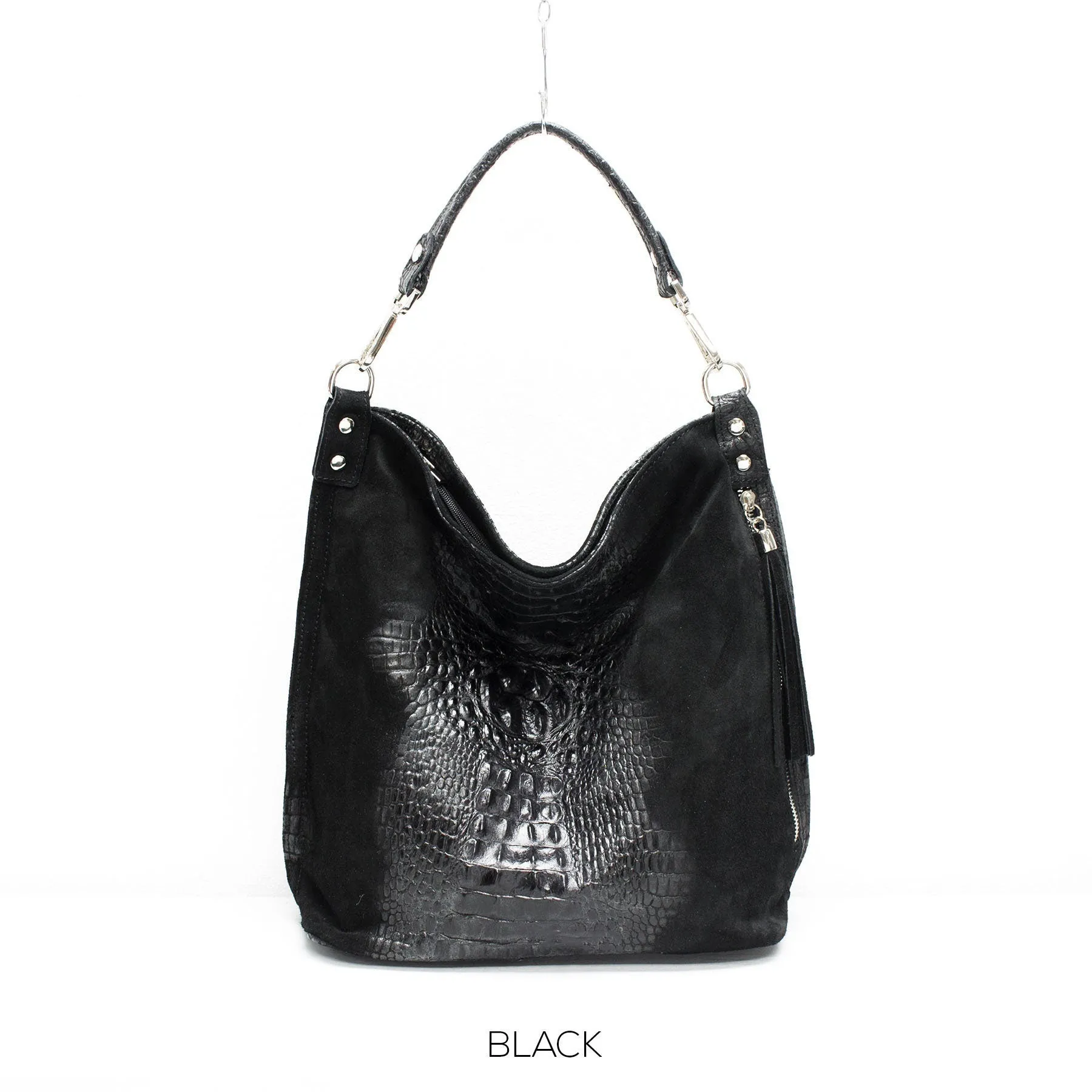 Genuine Real Suede Leather Croc Effect Hobo Bag