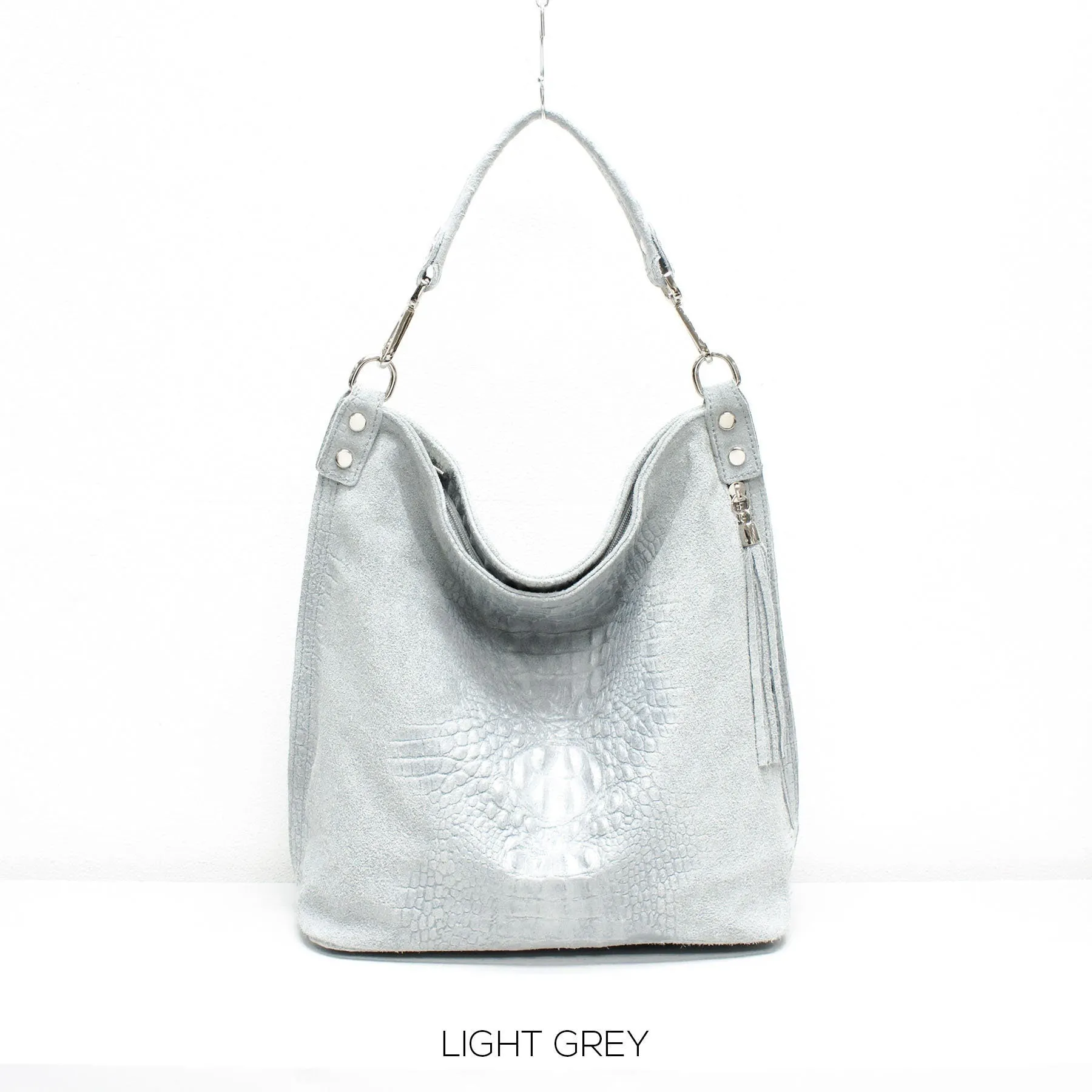 Genuine Real Suede Leather Croc Effect Hobo Bag