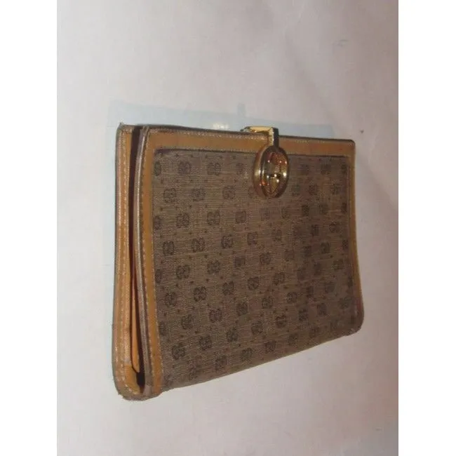 Gucci Brown Small G Logo Print Coated Canvas And Camel Leather Vintage Wallet