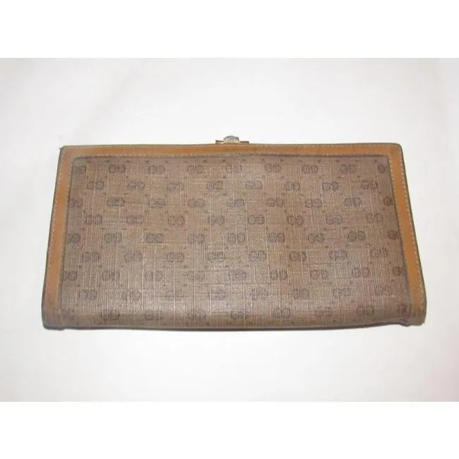 Gucci Brown Small G Logo Print Coated Canvas And Camel Leather Vintage Wallet