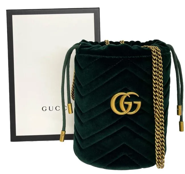 Gucci GG Marmont Mini Bucket Velvet Bag Black Gold Drawstring Italy Handbag New