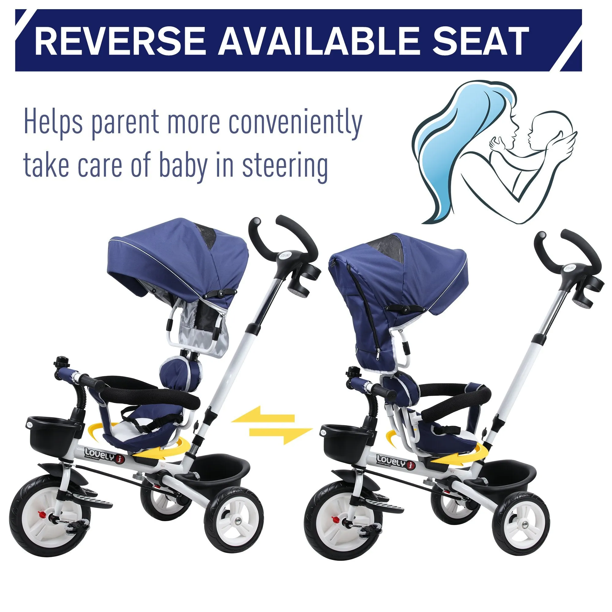 HOMCOM  Baby Tricycle Stroller with Handle- Blue