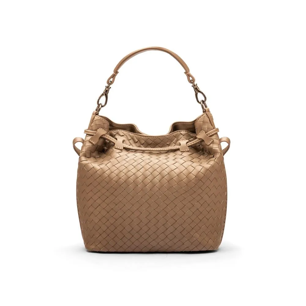 Kelly Woven Leather Bucket Bag - Taupe