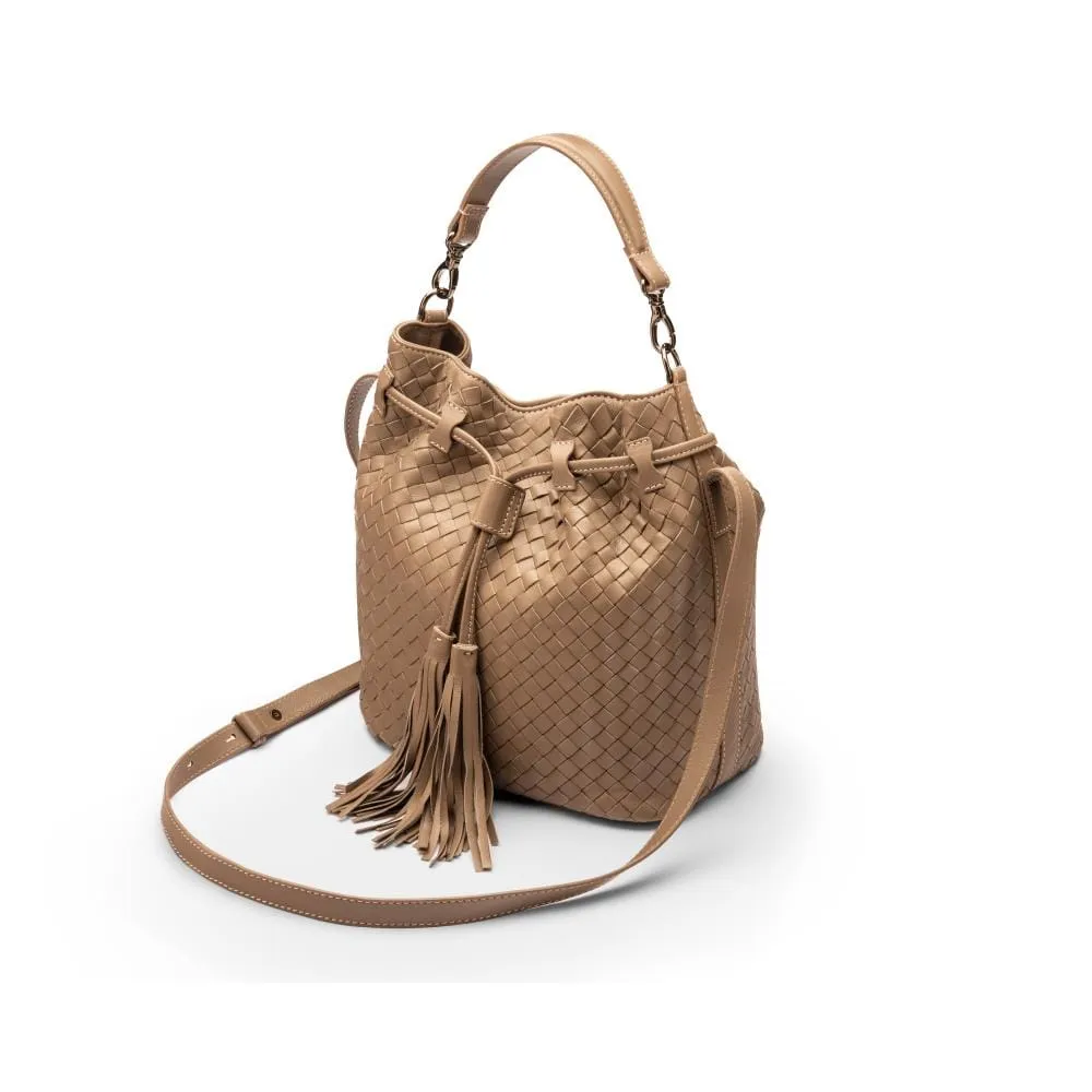 Kelly Woven Leather Bucket Bag - Taupe