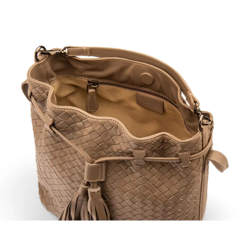 Kelly Woven Leather Bucket Bag - Taupe