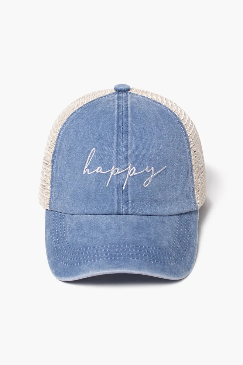 LCAPM1622 - happy embroidered mesh back baseball cap