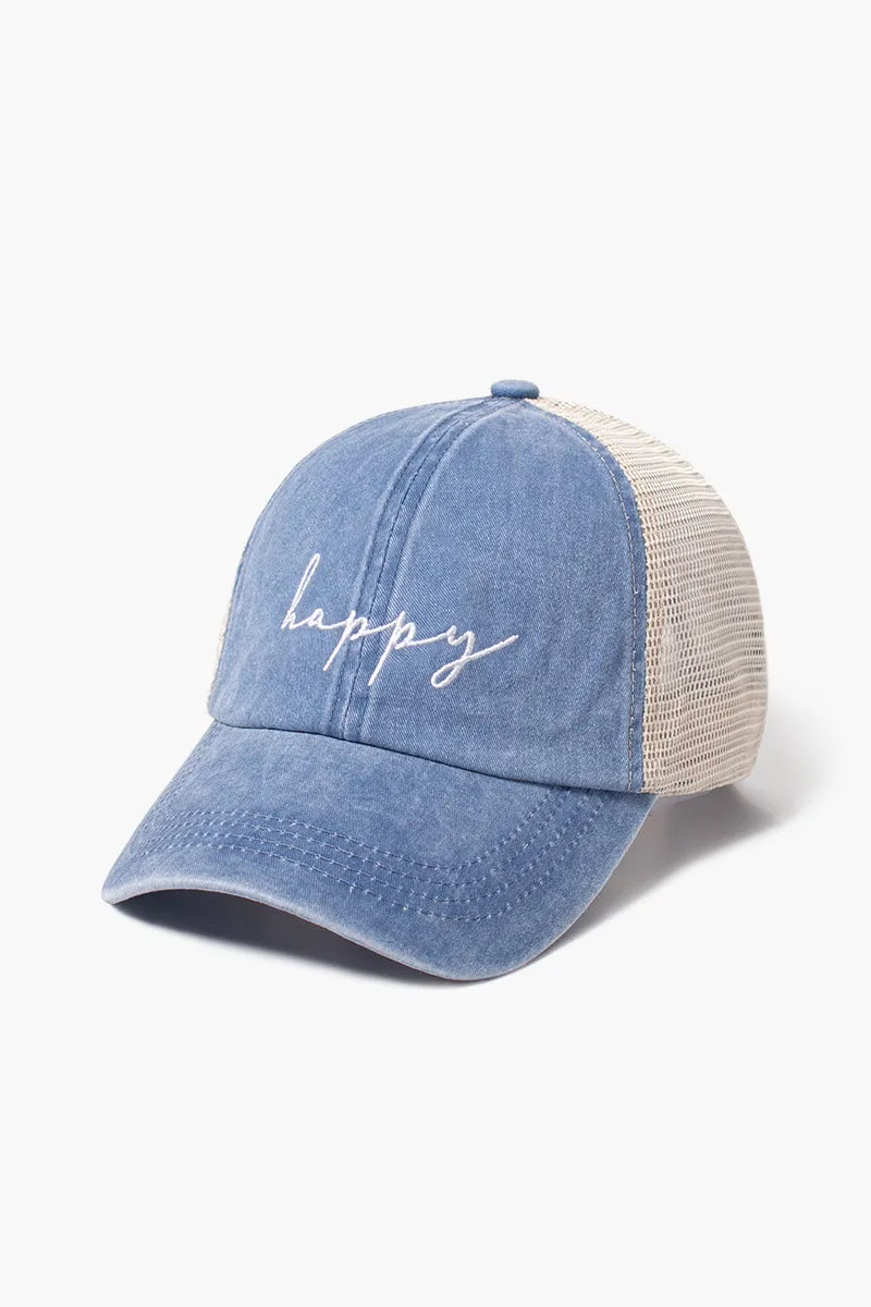 LCAPM1622 - happy embroidered mesh back baseball cap