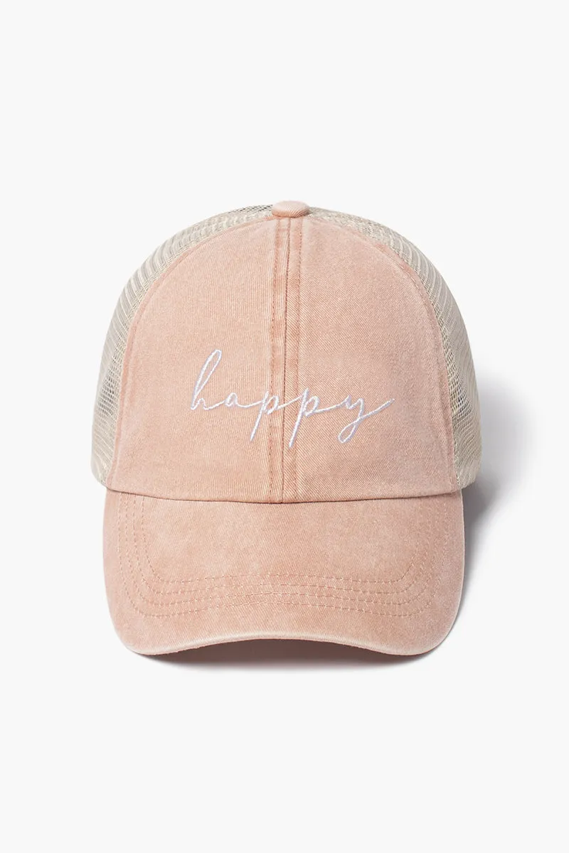 LCAPM1622 - happy embroidered mesh back baseball cap