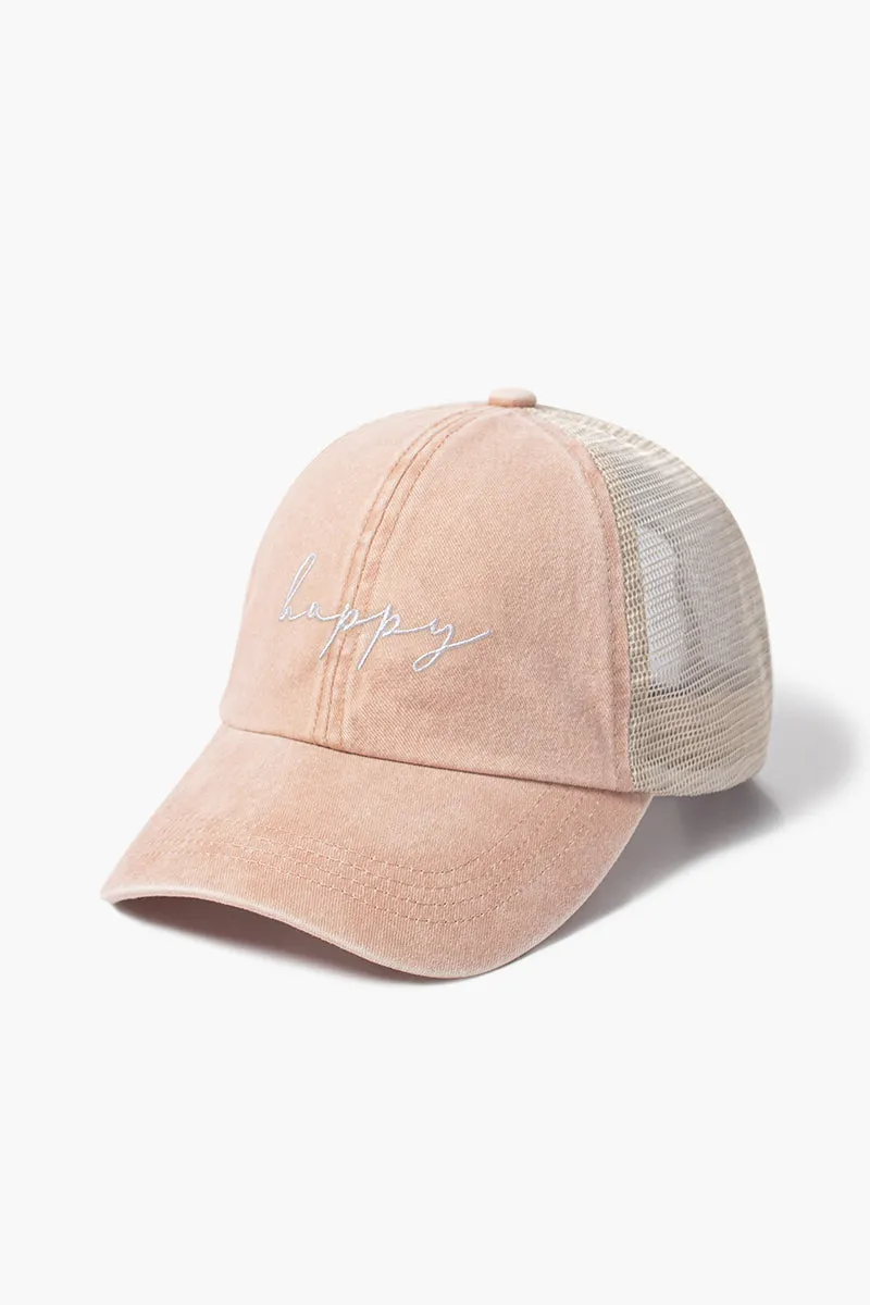 LCAPM1622 - happy embroidered mesh back baseball cap
