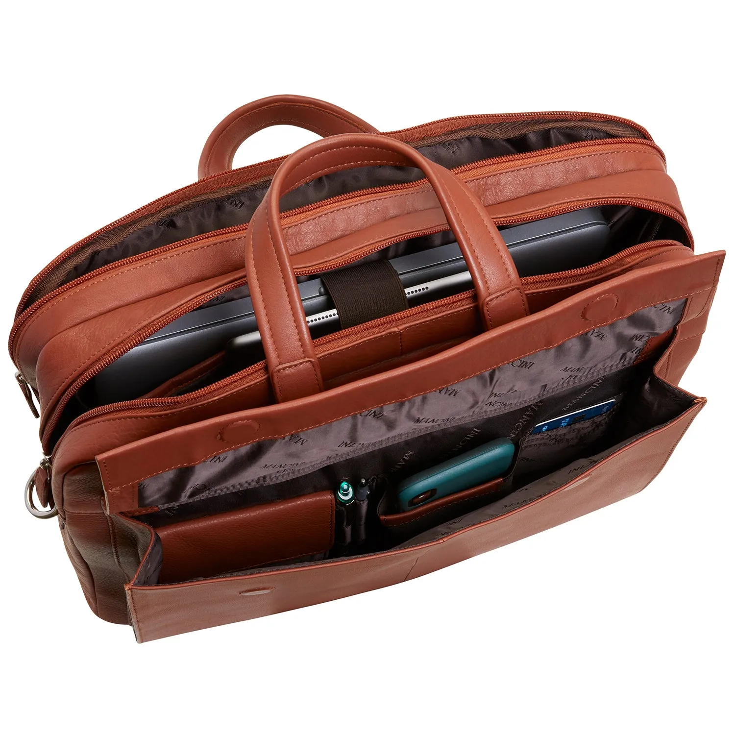 Mancini Leather Double Compartment Briefcase for 15.6" Laptop and Tablet, 16.25" x 4" x 12", Cognac