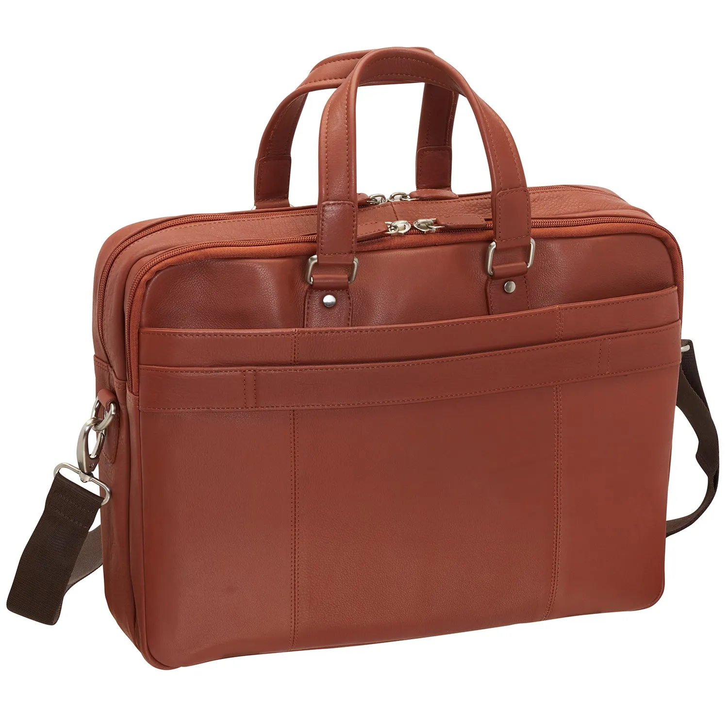 Mancini Leather Double Compartment Briefcase for 15.6" Laptop and Tablet, 16.25" x 4" x 12", Cognac