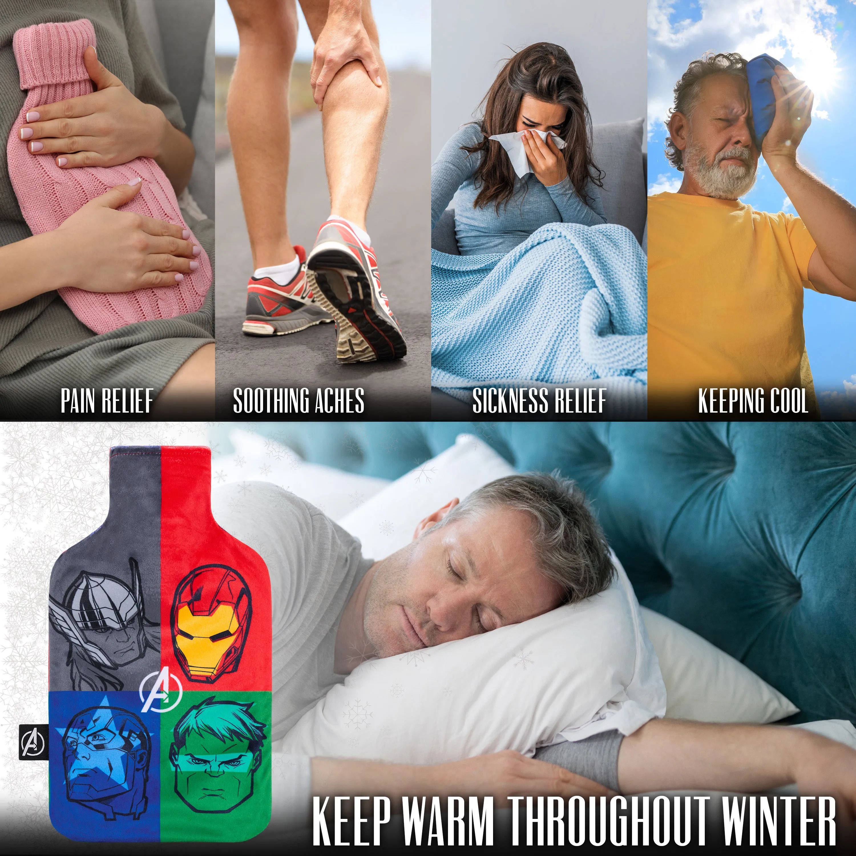 Marvel Hot Water Bottle with Fleece Cover - Multi Avengers
