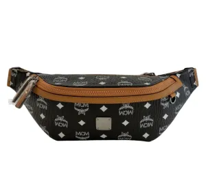 MCM Black Visetos Coated Canvas White Logo Medium Belt Bag