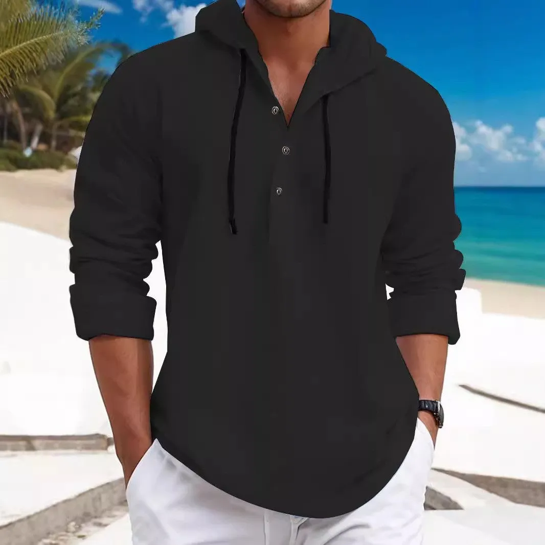 MEN'S PEARL COTTON LONG SLEEVED HOODED SOLID COLOR HOODIE WITH HALF OPEN COLLAR AND DRAWSTRING
