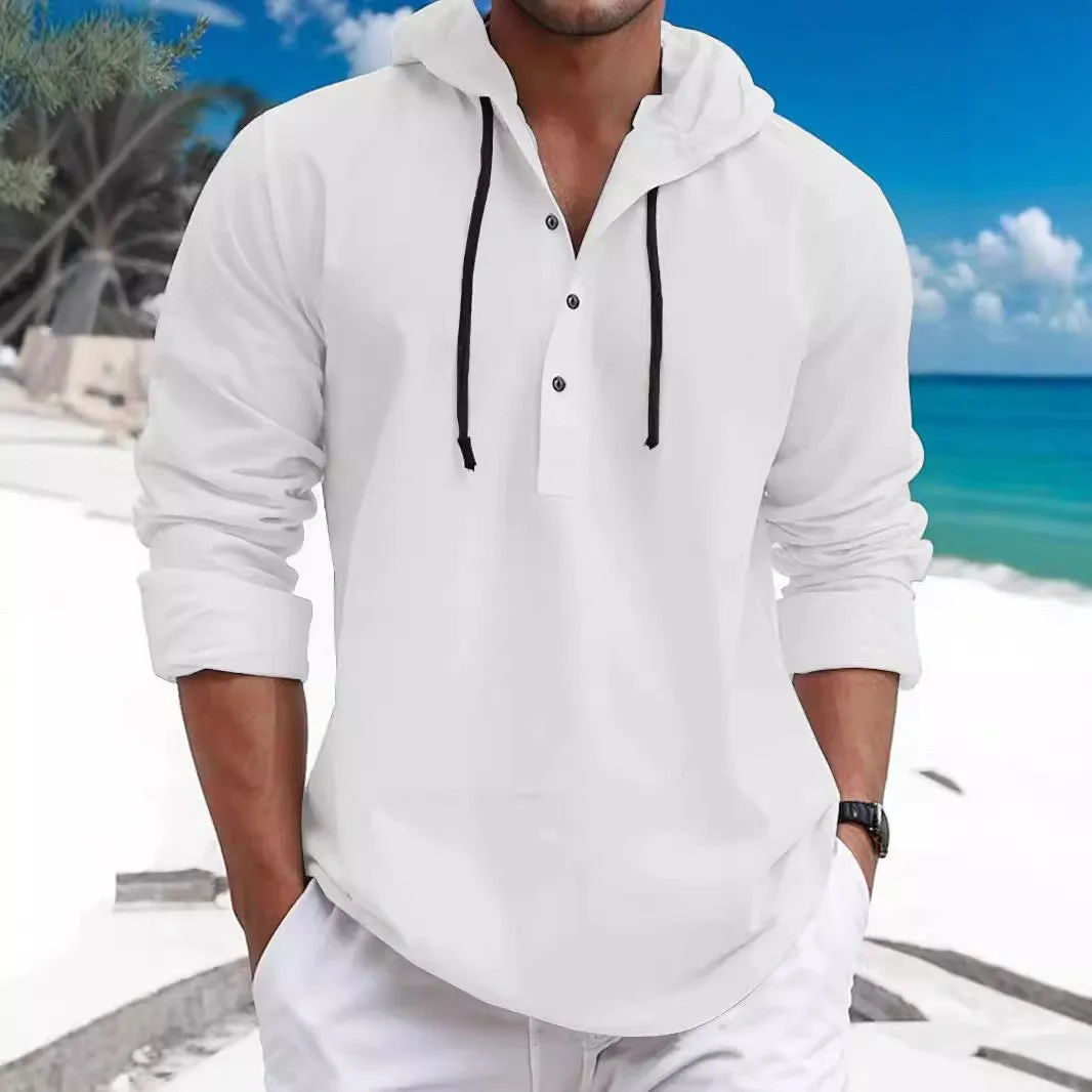 MEN'S PEARL COTTON LONG SLEEVED HOODED SOLID COLOR HOODIE WITH HALF OPEN COLLAR AND DRAWSTRING